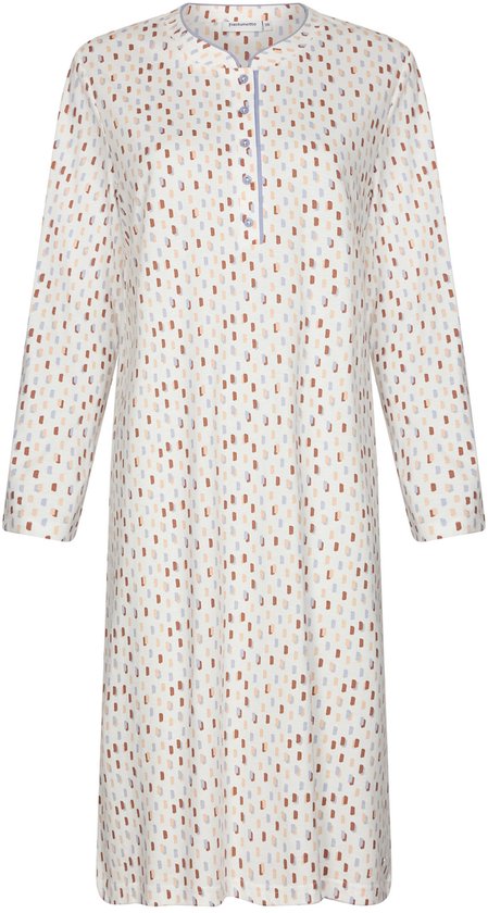Wit nachthemd met lange mouwen, een all-over print van bruine, beige en blauwe streepjes en een blauwe kraagrand met knoopjes.