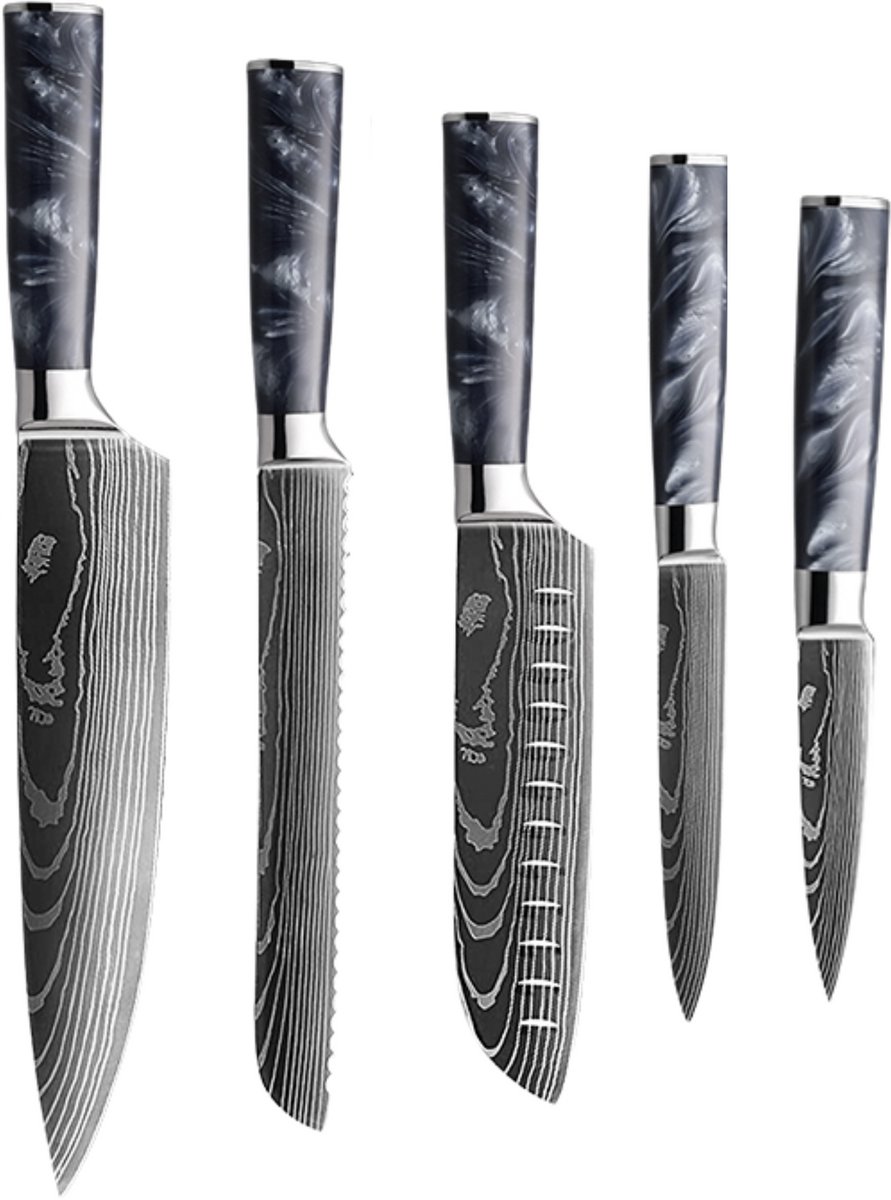 Dastium Home - 5 Delige Damascus Messenset - Damascus Stijl Japanse Keukenmessen - Messen Met Damascus Print - Met Ergonomisch Zwart Epoxy Handvat - Koksmes - Santoku Mes - Broodmes - Universeel Mes- Schilmes