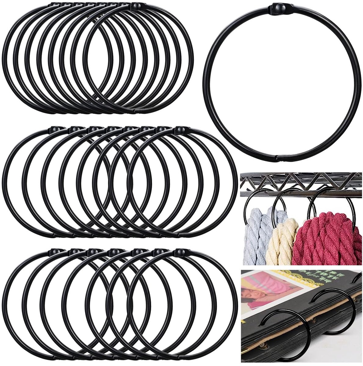 Metalen Gordijnringen - 24 Stuks Openklapbare Ringen met Clips 50 mm - Voor Gordijnen - Zwart
