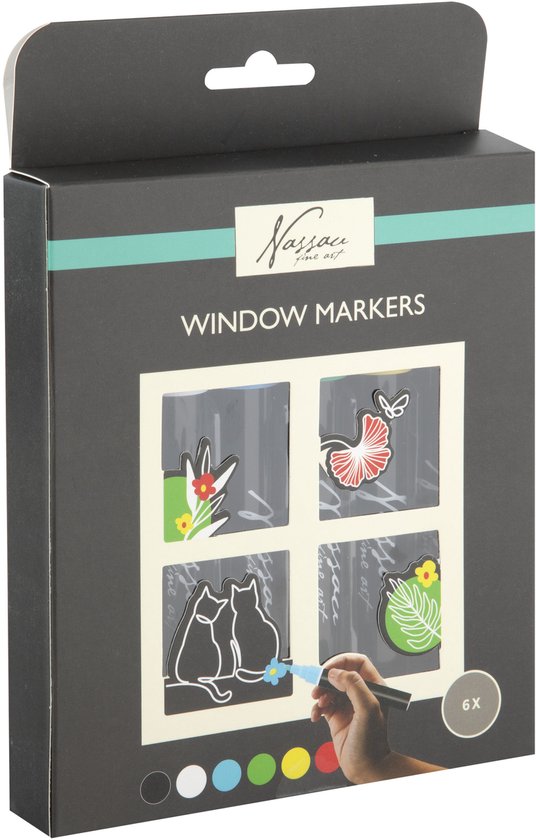 Marqueurs pour vitres Nassau Fine Art (6 pièces) - Marqueurs à craie lavables - Marqueurs Montessori - 6 couleurs - Marqueurs Glas et porcelaine - Pointe réversible 3-6 mm ronde et coudée - Marqueur à craie pour Fenêtres et Miroirs