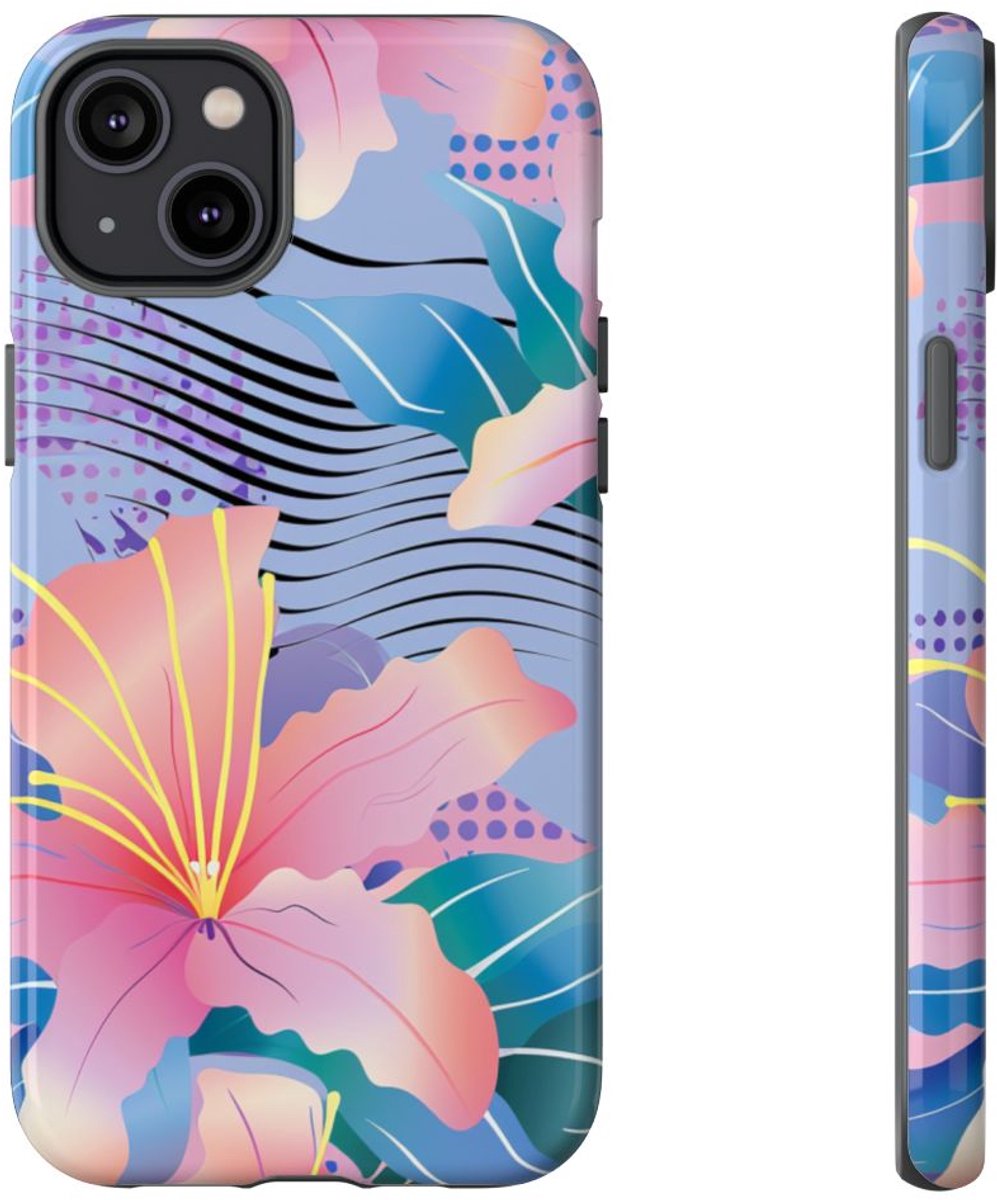 Roze Bloemenpatroon met Abstracte Accenten – Telefoonhoesje Geschikt voor iPhone 14 Plus