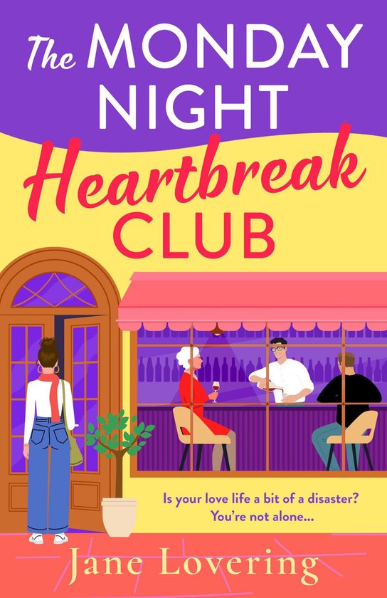 Boek 'The Monday Night Heartbreak Club' door Jane Lovering. Een vrouw staat buiten een café met rood geruite luifel.