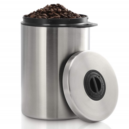 FIYAPOO Luchtdichte roestvrijstalen koffiepot, vacuümcontainer en gegevensweergave, houdt koffiebonen en gemalen koffie langer vers (500 g/1800 ml, wit