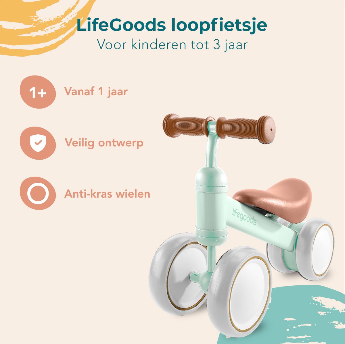 LifeGoods Loopfiets - Speelgoed Vanaf 1 jaar - Kinderstep - Loopfietsje - Pastelgroen — afbeelding 2
