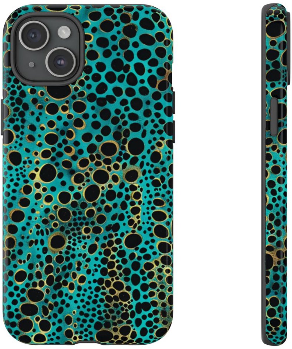 Turquoise en Zwart Abstract Stippenpatroon – Telefoonhoesje Geschikt voor iPhone 15 Plus