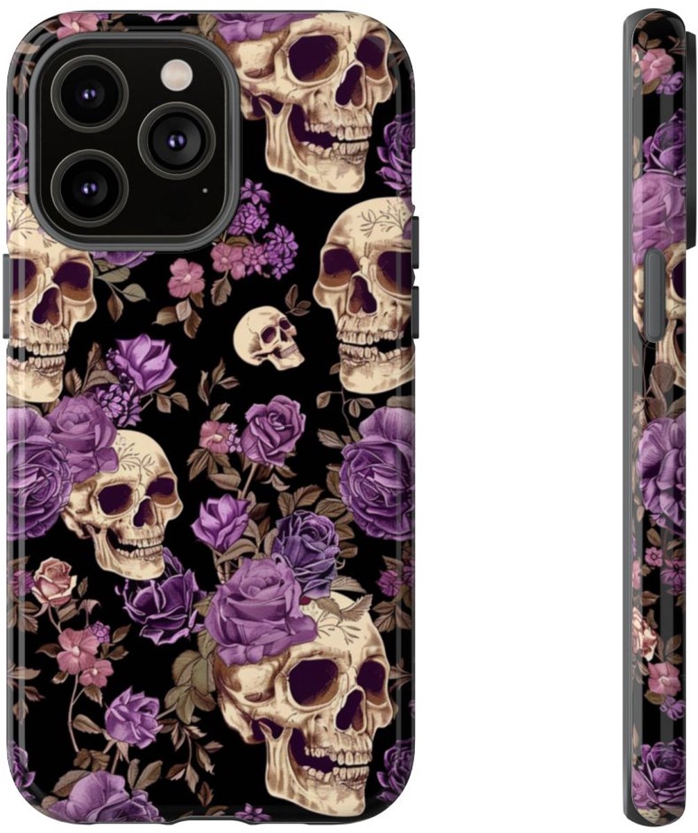 Paarse Rozen en Schedels Patroon – Telefoonhoesje Geschikt voor iPhone 14 Pro Max