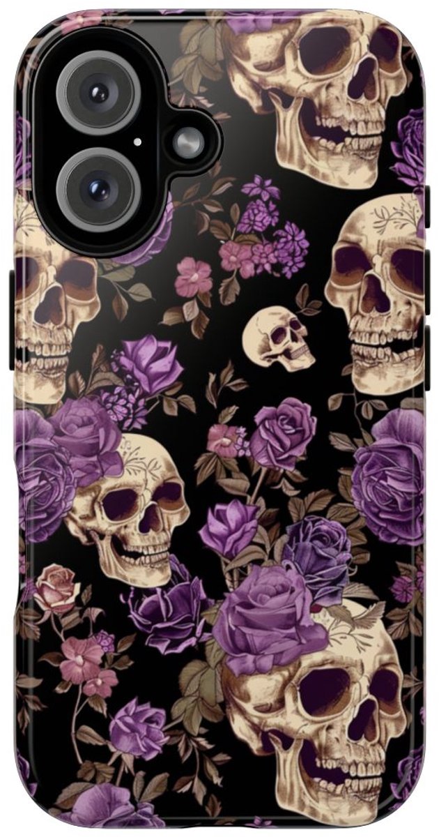 Paarse Rozen en Schedels Patroon – Telefoonhoesje Geschikt voor iPhone 16