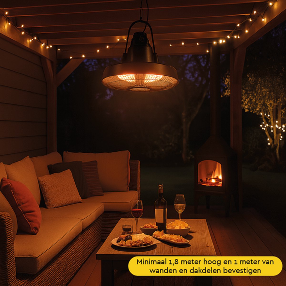 BRASQ Retro Elektrische Terrasverwarmer hangend – 3 warmtestanden – met afstandsbediening – IP24 -Spatwaterdicht - Voor binnen en buiten – 1500 W – foto 5