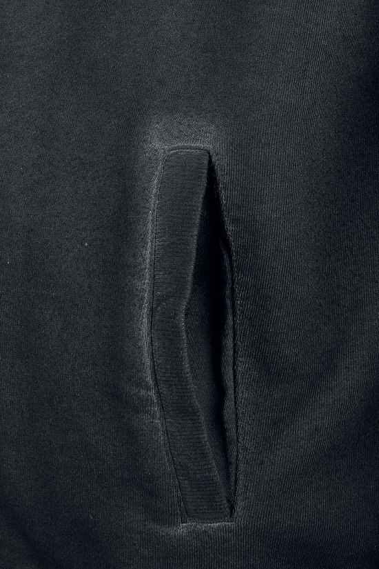 Gedetailleerd beeld van de zak van een antracietgrijs hoodie.