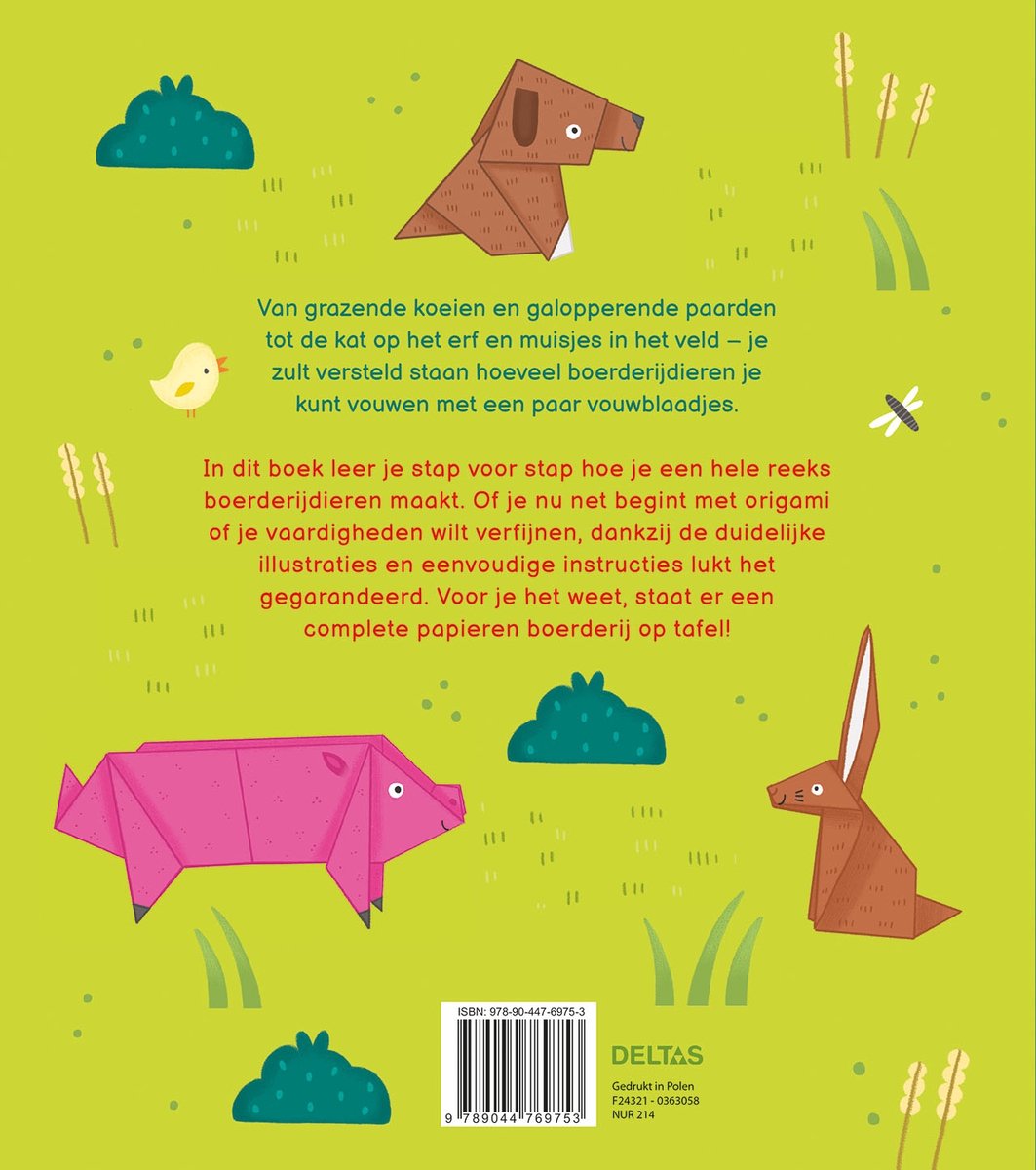 Origami boerderijdieren: een roze varken, een bruine hond, een bruin paard en een bruine konijn op een groen veld.