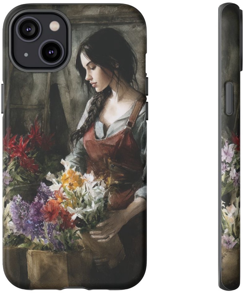 Vrouw Schikt Bloemen in Landelijke Sfeer – Telefoonhoesje Geschikt voor iPhone 14 Plus