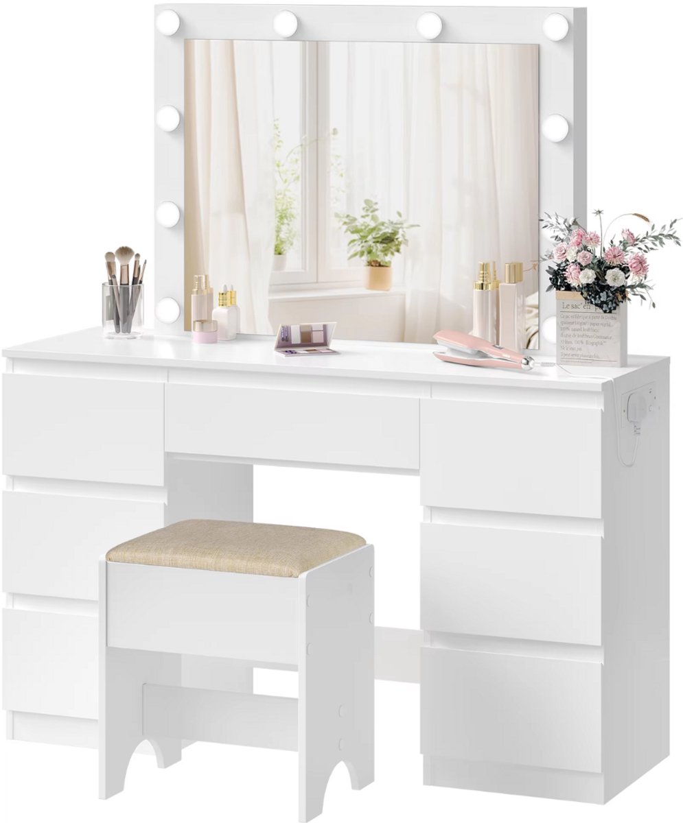 Kaptafel met LED-Verlichting & Oplaadpoort - Make-up Bureau met Grote Spiegel en 7 Laden - Modern Slaapkamerdressoir - wit
