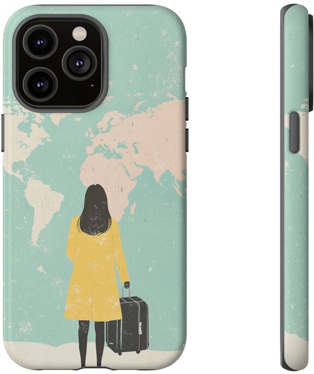 Vrouw met Koffer en Wereldkaart – Telefoonhoesje Geschikt voor iPhone 14 Pro Max