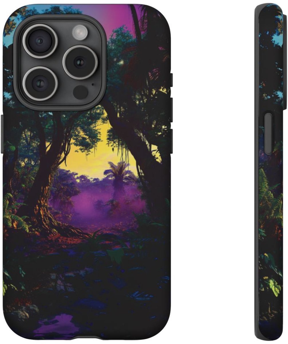 Sprookjesachtige Jungle Zonsondergang – Telefoonhoesje Geschikt voor iPhone 15 Pro