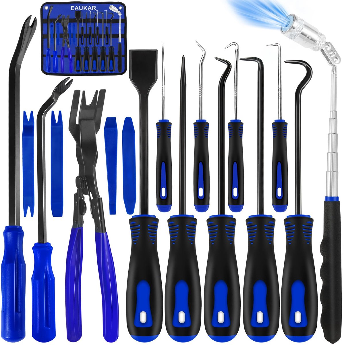 17-delige Haak- en Prikgereedschapset - Met Clip Verwijderingstang, Klinknageltrekker en Pakkingschrapers - Voor Oliekeerringen en O-ringafdichtingen - Blauw