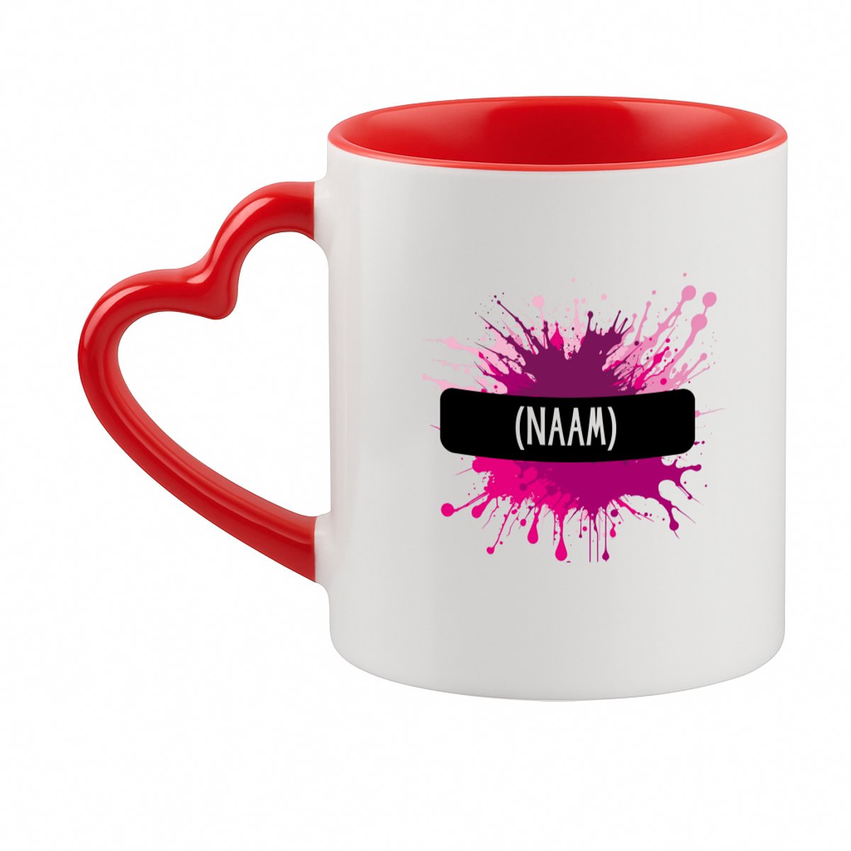 Hacebo® - Verfvlek roze/paars met je eigen naam koffiebeker met hart oor rood - iemand die houdt van schilderen of kunst - thee mok - koffie beker - kunstenaars - kunst liefhebbers - schilders - cadeau - koffiemok - 330 ML