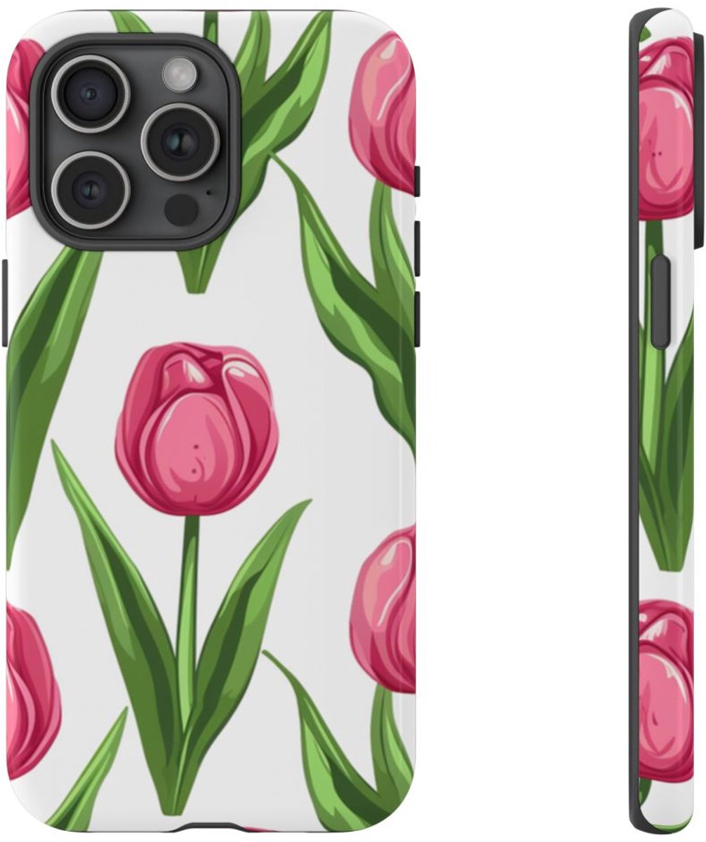 Roze Tulp Bloemenpatroon – Telefoonhoesje Geschikt voor iPhone 15 Pro Max