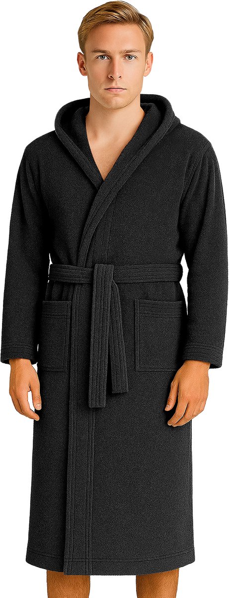 Barbons Badjas Heren - Katoen met Capuchon - Oekotex - Zwart - M