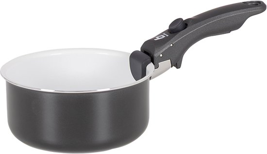 Donkergrijze kookpan met witte binnenkant en een afneembare zwarte handgreep.