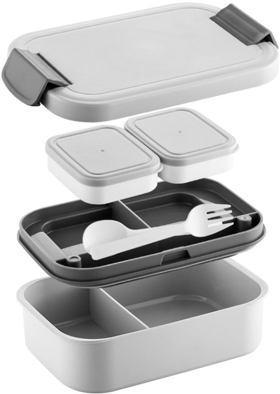 Boîte à bento (couverts inclus) - convient pour les repas au restaurant, le travail et les pique-niques, passe au micro-ondes, au lave-vaisselle et au congélateur - convient aux enfants et aux adultes - gris