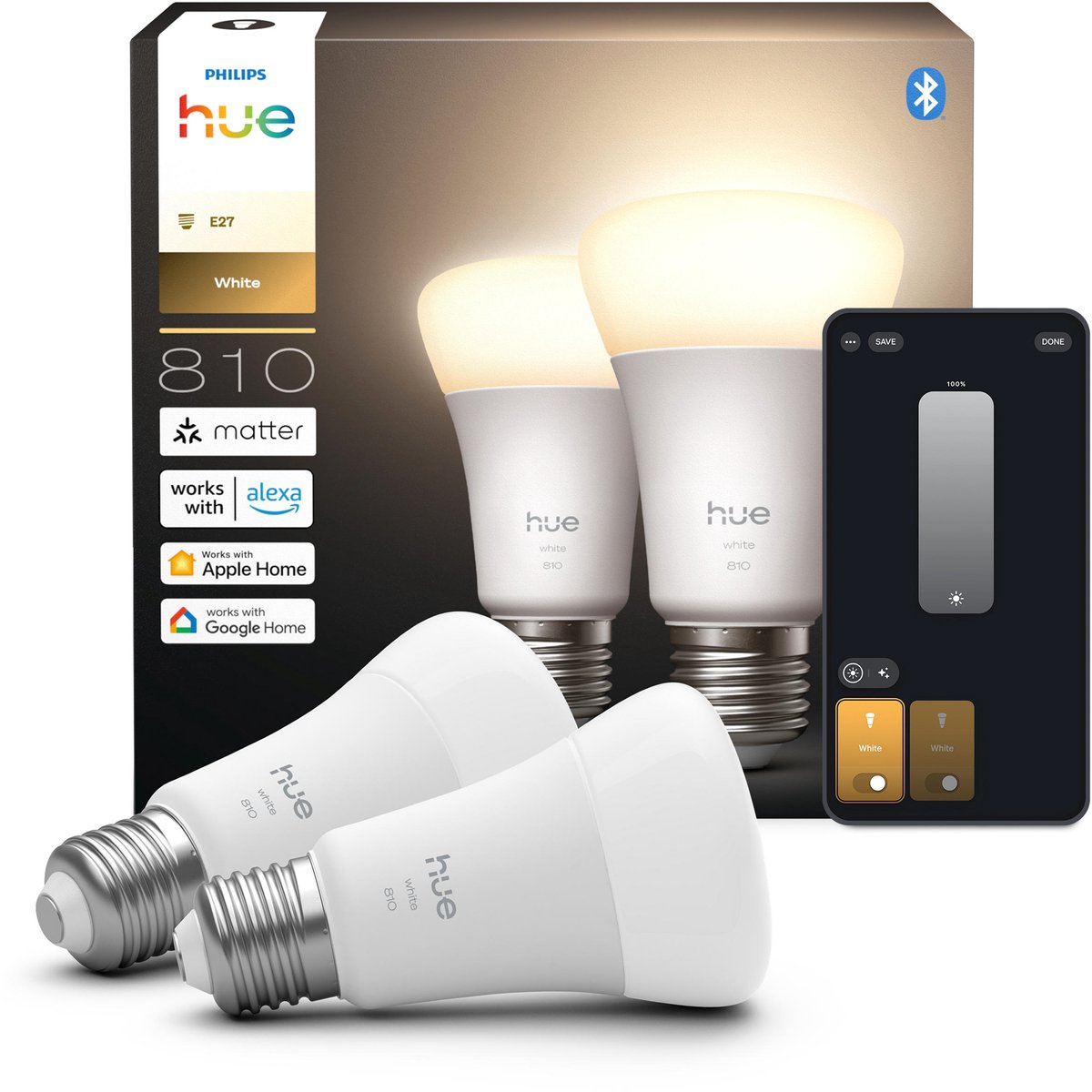 Philips Hue Slimme LED A60 lamp, Warm Wit Licht, E27 Fitting, 2-pack — afbeelding 1