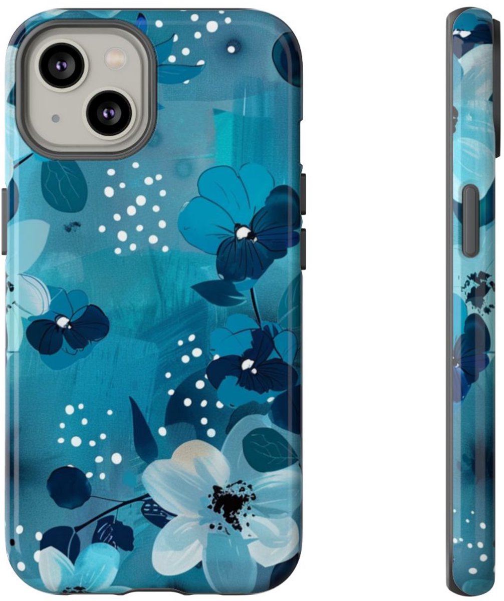 Turquoise Bloemenpatroon met Stippen – Telefoonhoesje Geschikt voor iPhone 14