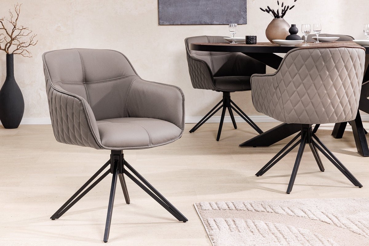 Draaibare Design Stoel EUPHORIA taupe Echt Lederen Zwart Metalen Frame met Armleuning - 45862