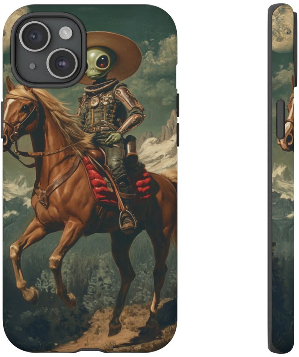 Buitenaardse Cowboy op Paard – Telefoonhoesje Geschikt voor iPhone 15 Plus