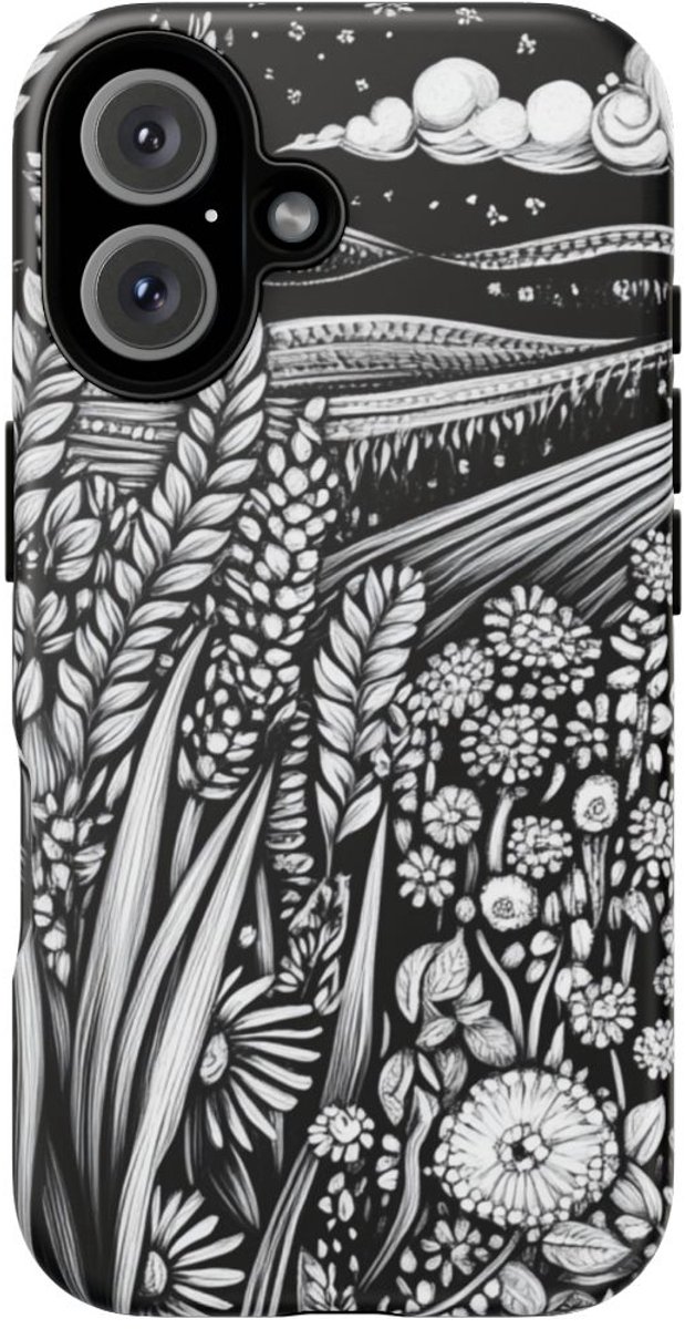 Zwart-Wit Folk Art Tarwe- en Bloemenveld – Telefoonhoesje Geschikt voor iPhone 16