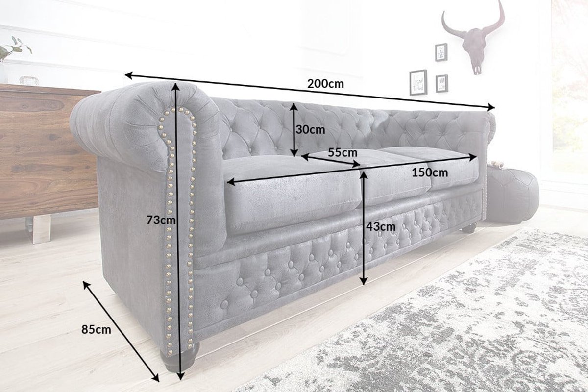 Design 3-zits bank CHESTERFIELD 200cm antiek grijze veerkern 3-zits loungebank - 37391