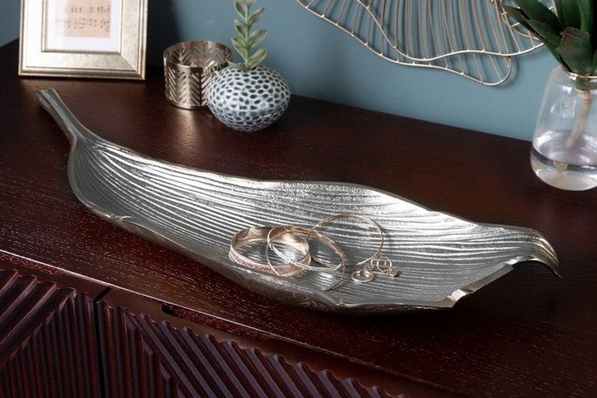 Handgemaakte decoratieve kom ABSTRACT BLAD 65cm zilver aluminium - 41270