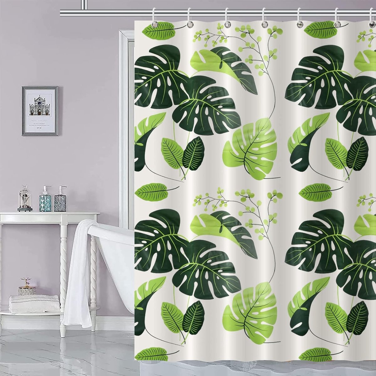 Ibenzoa® Luxueus Douchegordijn met Schimmelwerende Eigenschappen en Waterdicht Design, 180 x 200 cm, Donkergroen Plantenpatroon