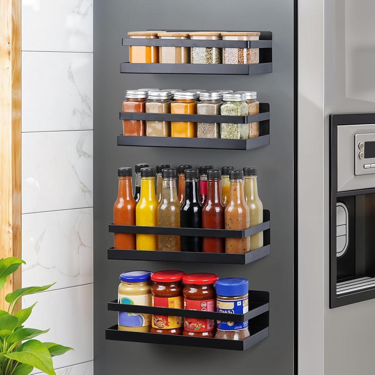 Inovra Plus - Organiserend Magnetisch Kruidenrek voor de Keuken (4 stuks) - Zwart Magnetisch Rek voor Kruidenopslag - Keukenorganizer voor Kruidenpotjes - Magnetisch Kruidenrek voor Koelkast