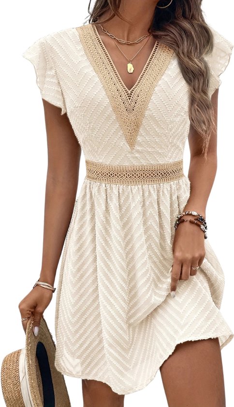 Livano Zomerjurk Dames - Zomerjurken - Volwassen - Jurk - Ibiza Stijl - Sundress - Beige - Maat L