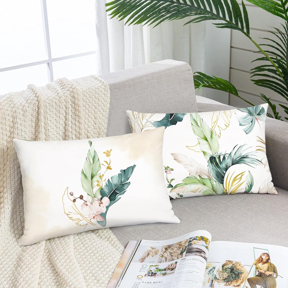 Ibenzoa Decoratieve Kussenslopen Set van 2 met Tropische Bladeren in Roze, 30 x 50 cm voor Huisdecoratie