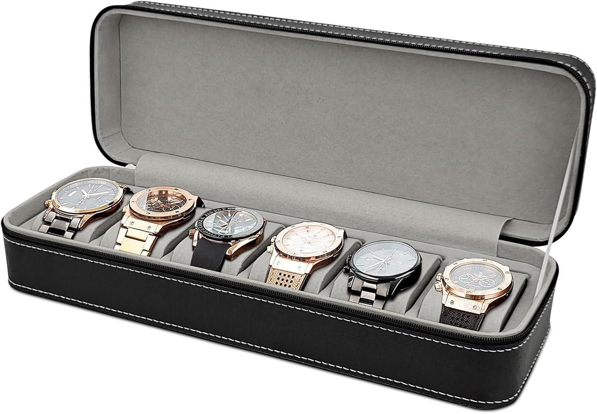 Allecto Plus - Opbergkoffer voor horloges en smartwatch - PU-lederen horlogehouder met ritssluiting - Horlogedoos voor mannen en vrouwen - 6 sleuven.