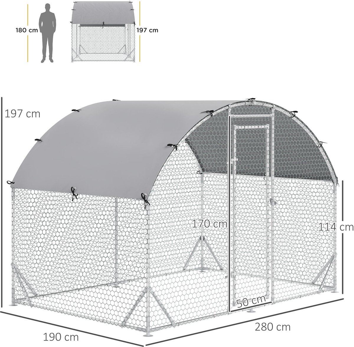 Merax Kippenren Buiten 280x190x197 cm – Hondenren of Kippenhok met UV-bestendige Overkapping – Groot Buitenhok Voor 4-6 Kippen of Kleindieren – Verzinkt Staal – Zilver thumbnail 4