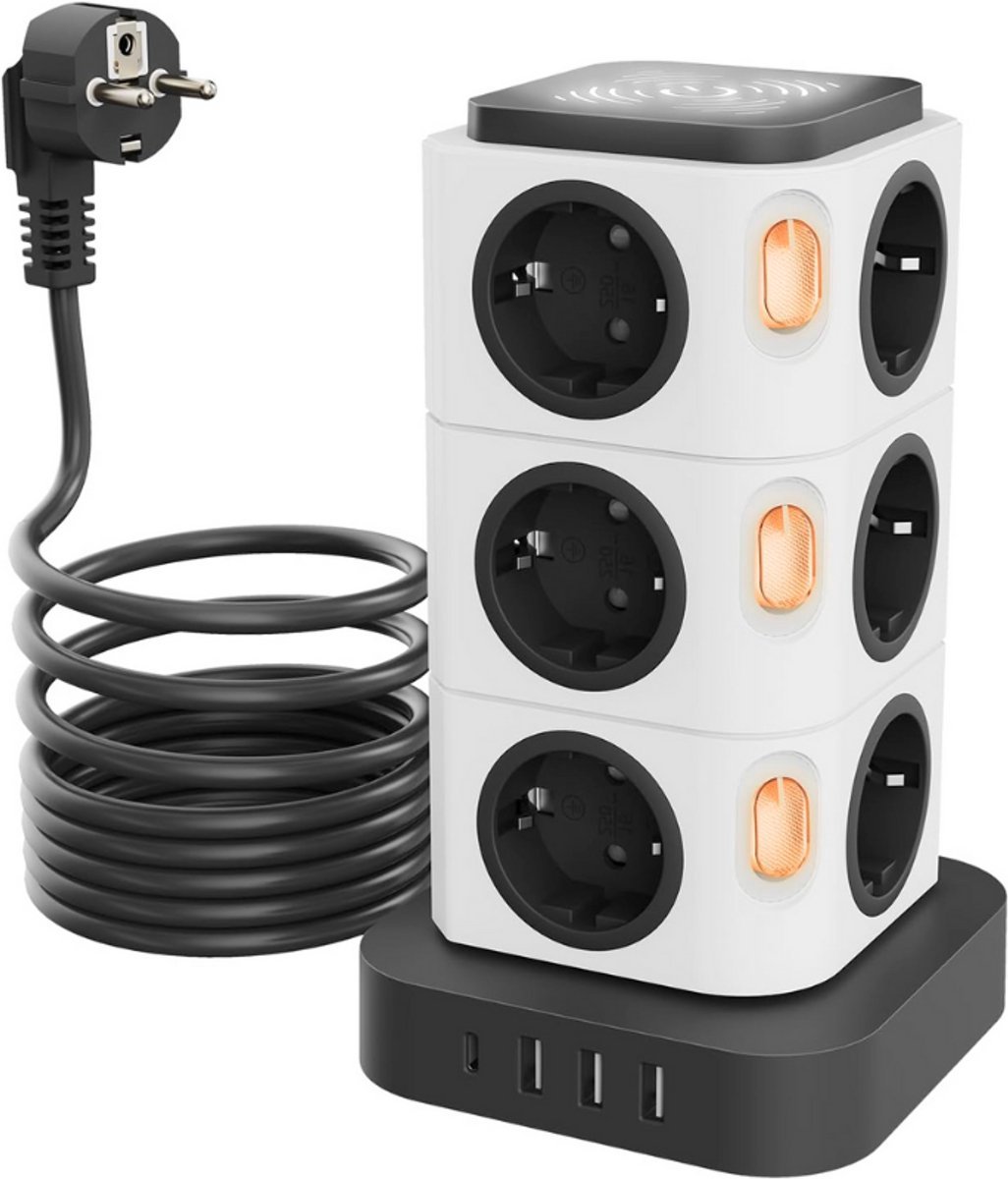 Thuys – Meervoudige Stekkerdoos – Met 12 Uitgangen – USB – Overspanningsbeveiliging En Nachtlampje – Zwart / Wit