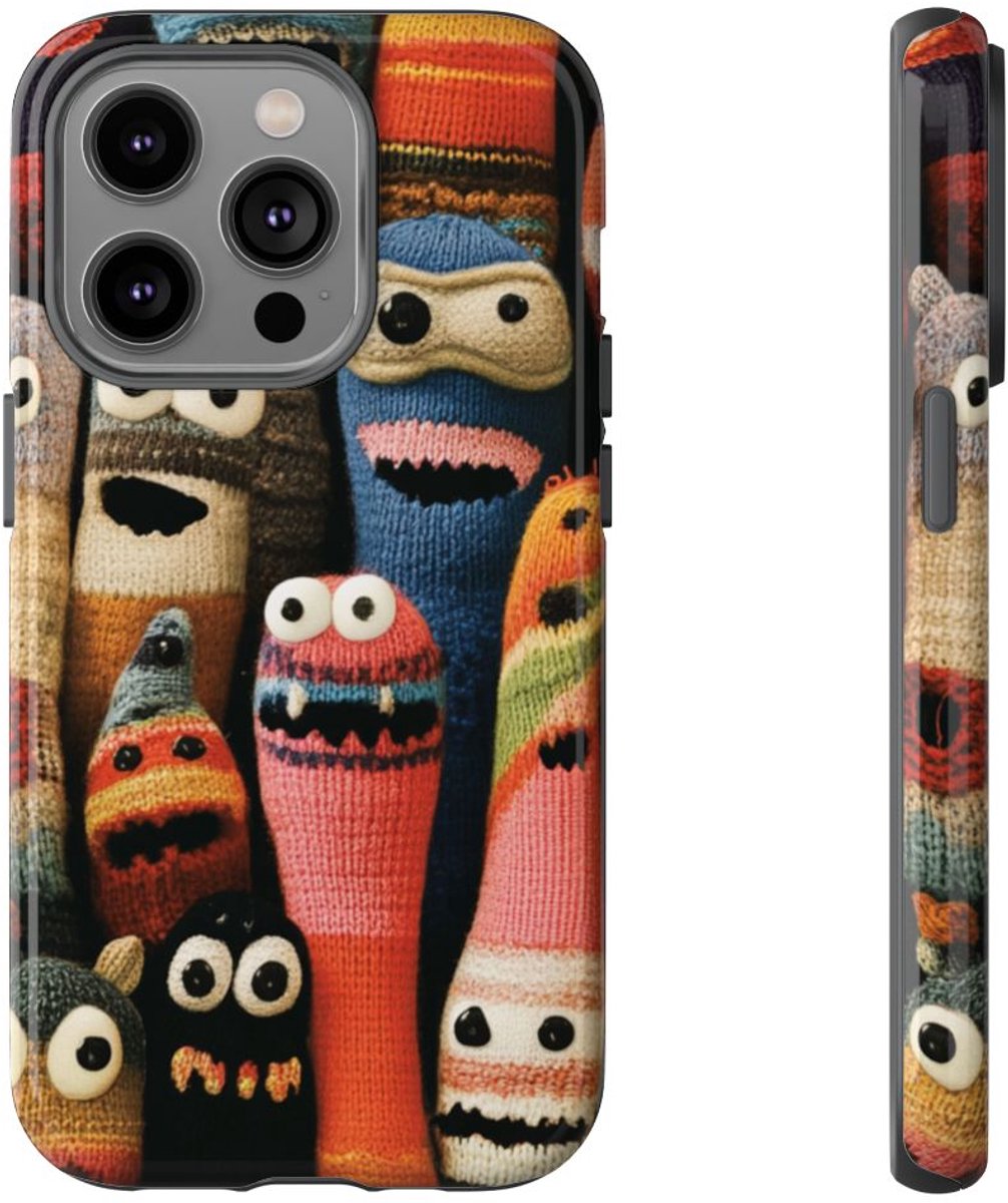 Vrolijke Gebreide Monsterfiguren – Telefoonhoesje Geschikt voor iPhone 14 Pro
