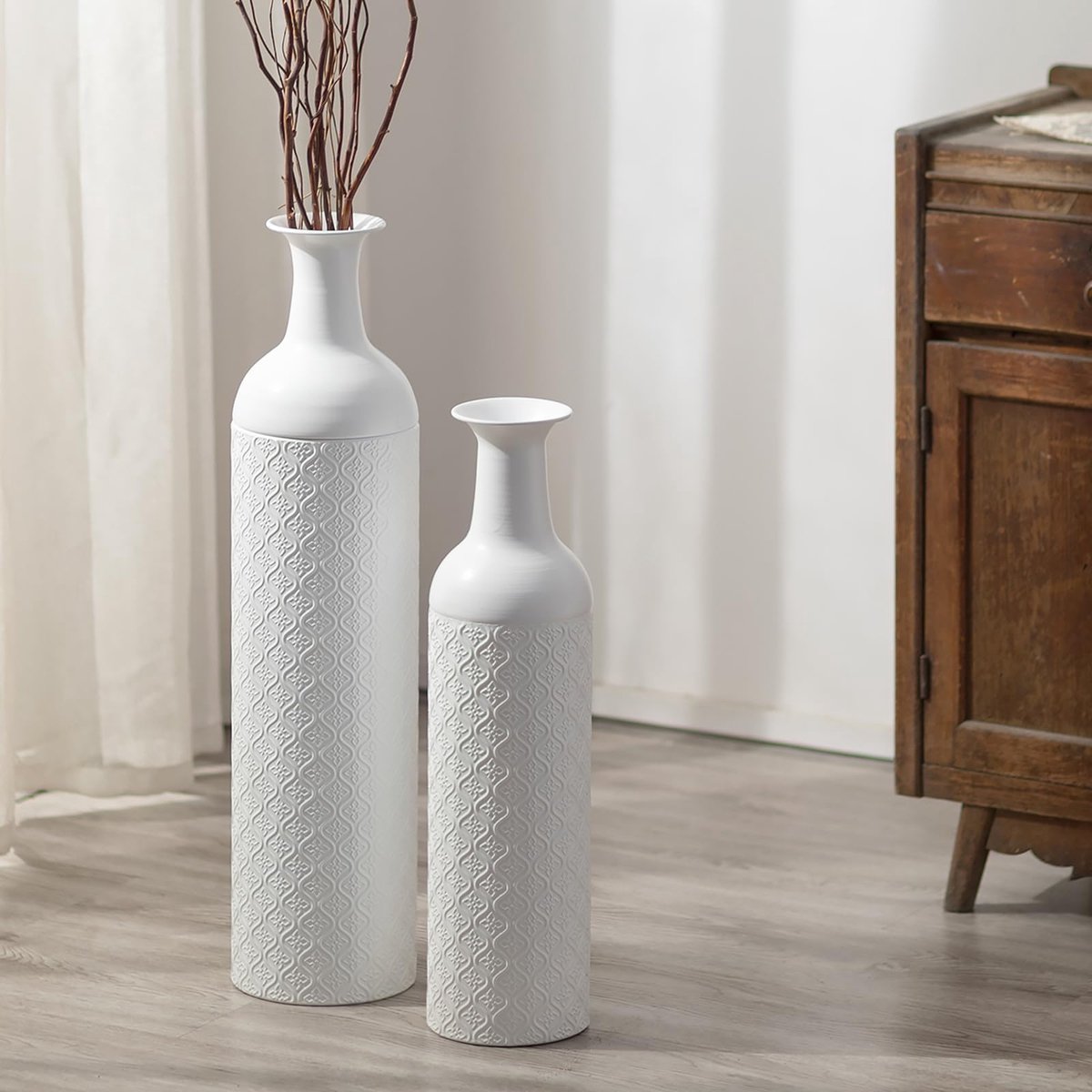 Ibenzoa Vloervaas Set van 2 - Grote Decoratieve Witte Metalen Vazen voor Interieurdecoratie