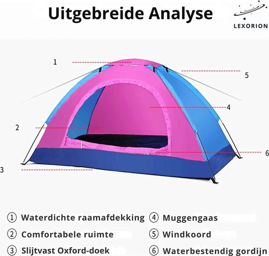 Tente Lexorion 1-2 personnes – Tente de Festival – Tente de camping – Tente manuelle pour 2 personnes – Légère – Hydrofuge – Festival, plage et Plein air – Oxford 210D – Sac de transport et moustiquaire inclus – Couleur de tente aléatoire