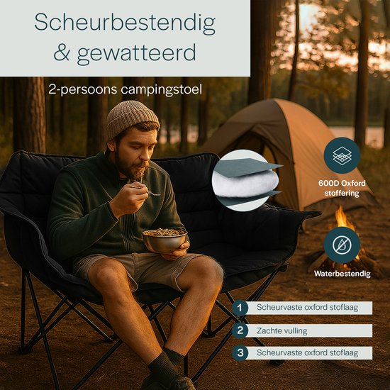 BAUER & MEYER® Campingstoel XL - Kampeerstoel - Opvouwbaar - Visstoel Inklapbaar - 2 Personen - Max. 300 kg - Vouwstoel - Incl. Draagtas - C600 Zwart van Bauer — afbeelding 4