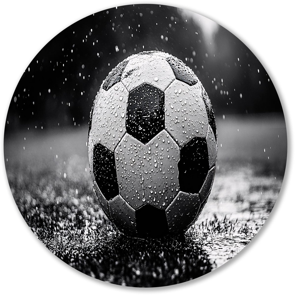 Zwart-wit voetbal in regen - Voetbal wandcirkels - Ronde wandprint sport - Hyperrealisme - Industriële Forex muurcirkel - Geometrische muurdecoratie - Muurcirkel forex 100x100 cm