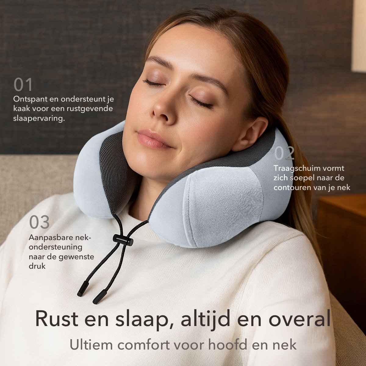 SKYCASES Travel Essentials - Nekkussen Set 3-delig - Ergonomisch Memory Foam Reiskussen met Oogmasker en Oordoppen - Ideaal voor Vliegtuig, Auto en Trein - Compact en Luxe - Lichtgrijs — afbeelding 5