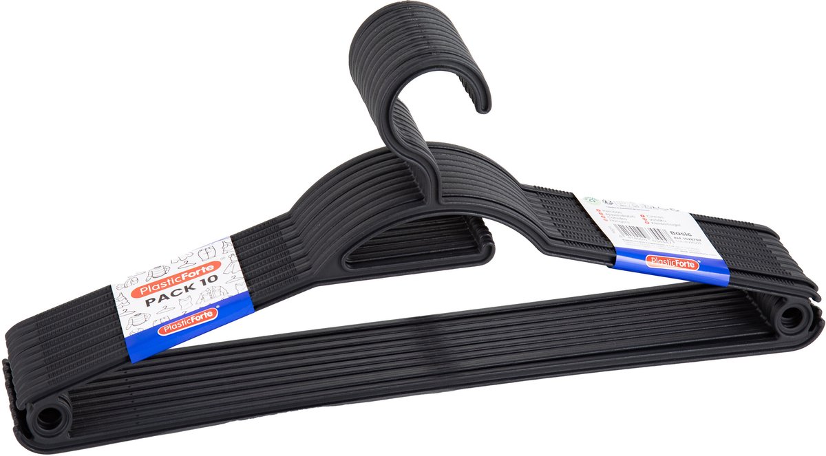 Plasticforte Kledinghangers - 10x - zwart - kunststof - 40 cm - kledingkast opruimen - vaste haak