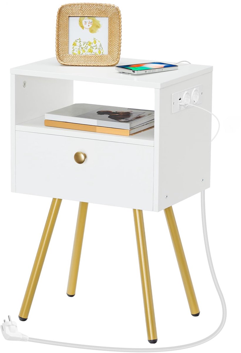 Unyqoos Nachtkastje met Multifunctioneel Laadstation en Stijlvolle Opslag, Wit en Goud, 28 x 38 x 60 cm