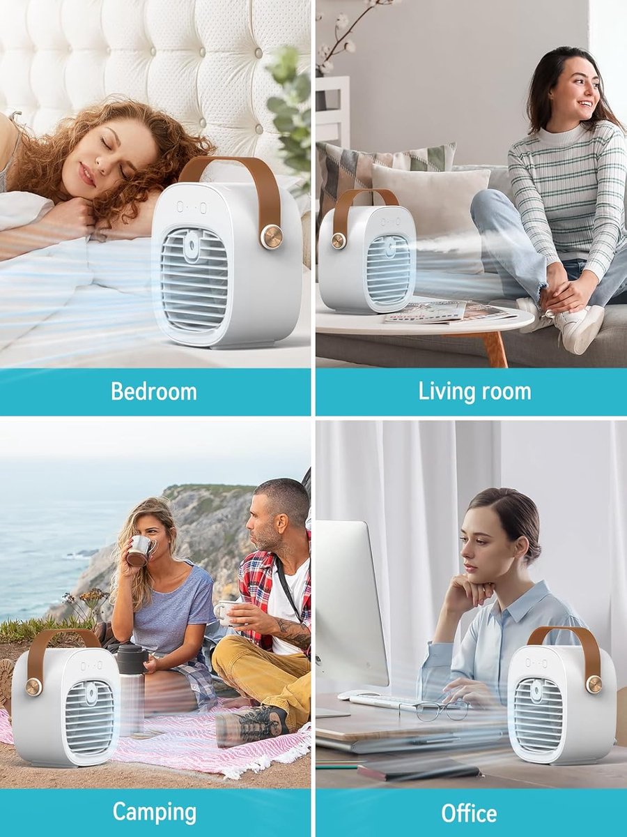 Mini airco-kleine airco-4000mAh oplaadbare persoonlijke luchtkoeler-Mini-airconditioner met 3 snelheden - mini aircooler met water-Stille desktopkoelventilator voor thuis, slaapkamer, reizen, kantoor, buiten en binnen – foto 4