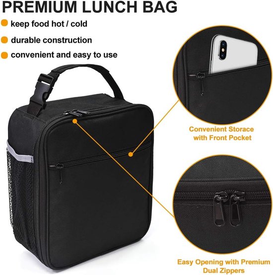Geïsoleerde lunchtas, lekvrije draagbare lunchbox voor vrouwen, mannen, jongens, meisjes, grote koeltas met handvat en flessenvak voor kantoor, school, kamperen, wandelen, picknick op het strand (zwart) van Merkloos — afbeelding 5