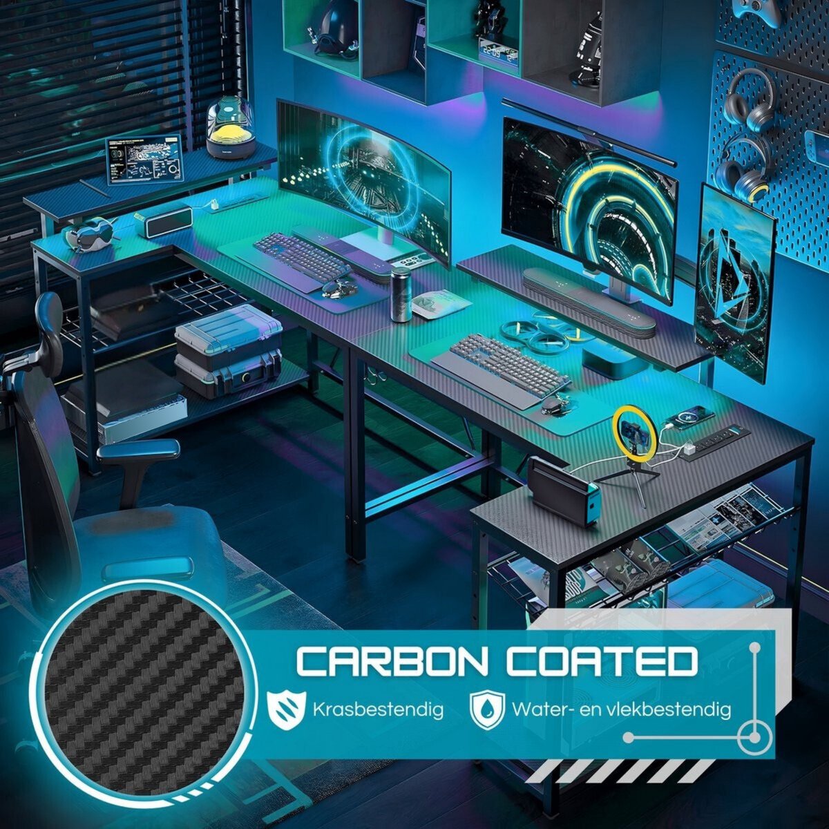 Five Stars® L-Vormig Game Bureau - 107x80x76 cm - Game Bureau met LED verlichting - Zwart Carbon - Hoekbureau - Gaming Desk - Computertafel