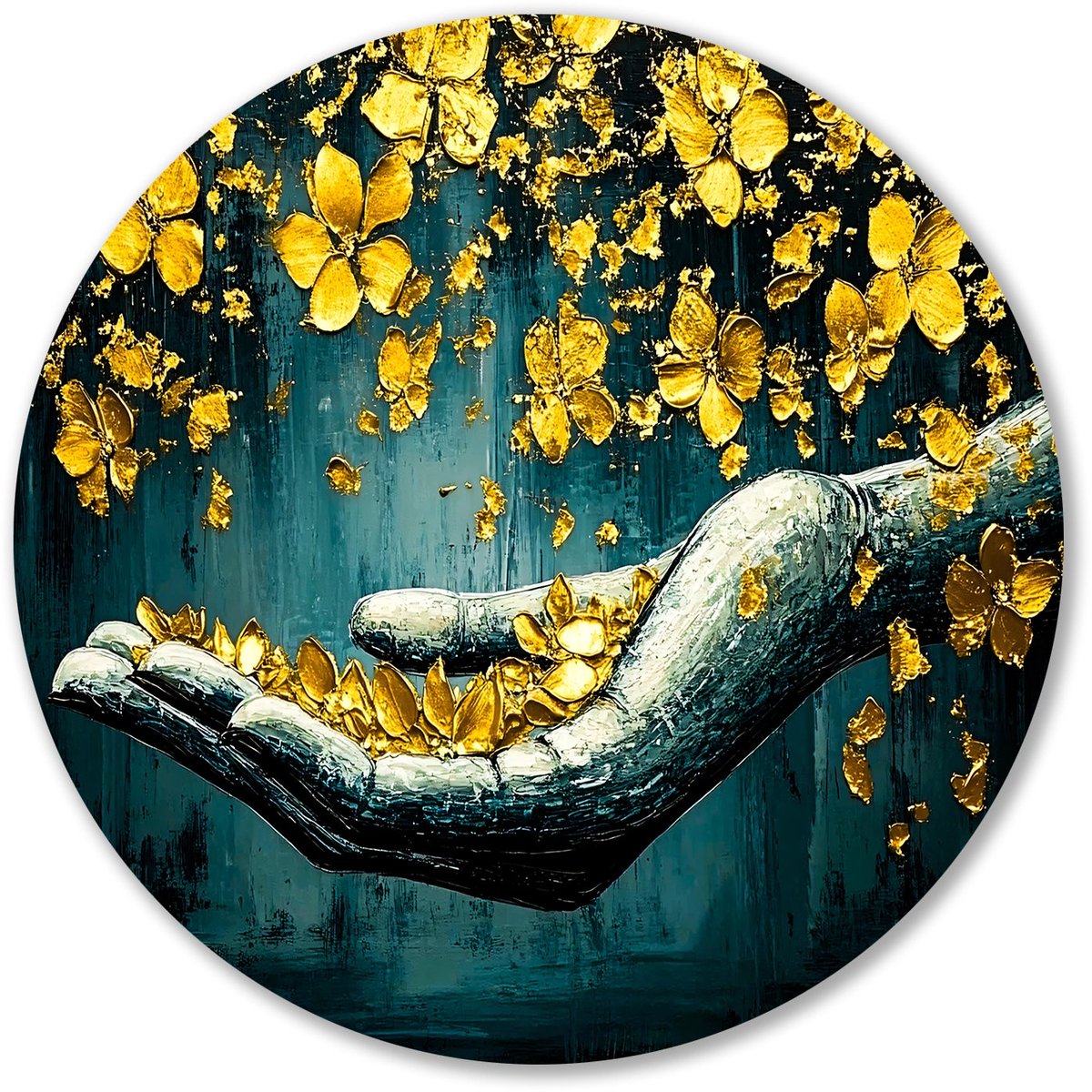 Gouden bloemen in hand - Goud schilderij rond - Ronde muurdecoratie hand - Surrealistisch